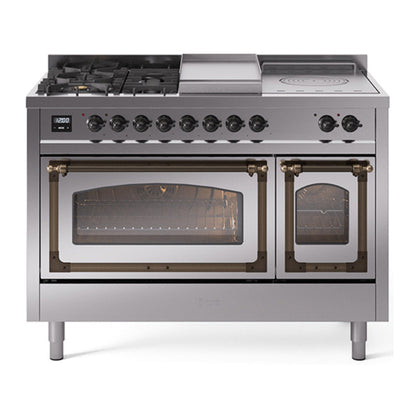ILVE Nostalgie II 48-Inch Dual Fuel Range with 5 Sealed Burners + Griddle + French Top, 5.02 cu. ft. Oven, Stainless Steel with Burnished Trim, Natural Gas, Triple Glass Door, UN48FSNMPSSB