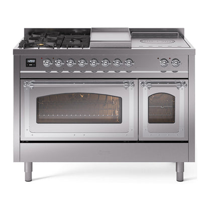 ILVE Nostalgie II 48-Inch Dual Fuel Range with 5 Sealed Burners + Griddle + French Top, 5.02 cu. ft. Oven, Stainless Steel with Chrome Trim, Natural Gas, Triple Glass Door, UN48FSNMPSSC