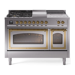 ILVE Nostalgie II 48-Inch Dual Fuel Range with 5 Sealed Burners + Griddle + French Top, 5.02 cu. ft. Oven, Stainless Steel with Brass Trim, Liquid Propane, Triple Glass Door, UN48FSNMPSSGLP