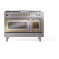 ILVE Nostalgie II 48-Inch Dual Fuel Range with 5 Sealed Burners + Griddle + French Top, 5.02 cu. ft. Oven, Stainless Steel with Brass Trim, Natural Gas, Triple Glass Door, UN48FSNMPSSG