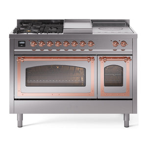 ILVE Nostalgie II 48-Inch Dual Fuel Range with 5 Sealed Burners + Griddle + French Top, 5.02 cu. ft. Oven, Stainless Steel with Copper Trim, Natural Gas, Triple Glass Door, UN48FSNMPSSP