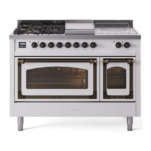 ILVE Nostalgie II 48-Inch Dual Fuel Range with 5 Sealed Burners + Griddle + French Top, 5.02 cu. ft. Oven, White with Burnished Trim, Liquid Propane, Triple Glass Door, UN48FSNMPWHBLP