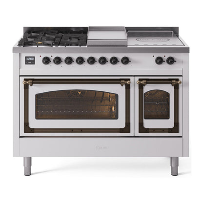 ILVE Nostalgie II 48-Inch Dual Fuel Range with 5 Sealed Burners + Griddle + French Top, 5.02 cu. ft. Oven, White with Burnished Trim, Natural Gas, Triple Glass Door, UN48FSNMPWHB