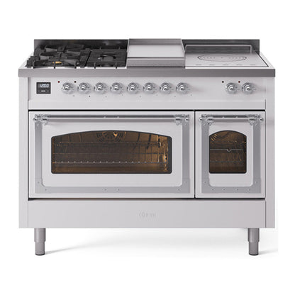 ILVE Nostalgie II 48-Inch Dual Fuel Range with 5 Sealed Burners + Griddle + French Top, 5.02 cu. ft. Oven, White with Chrome Trim, Liquid Propane, Triple Glass Door, UN48FSNMPWHCLP