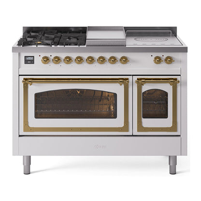 ILVE Nostalgie II 48-Inch Dual Fuel Range with 5 Sealed Burners + Griddle + French Top, 5.02 cu. ft. Oven, White with Brass Trim, Liquid Propane, Triple Glass Door, UN48FSNMPWHGLP