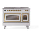 ILVE Nostalgie II 48-Inch Dual Fuel Range with 5 Sealed Burners + Griddle + French Top, 5.02 cu. ft. Oven, White with Brass Trim, Liquid Propane, Triple Glass Door, UN48FSNMPWHGLP