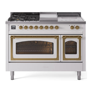 ILVE Nostalgie II 48-Inch Dual Fuel Range with 5 Sealed Burners + Griddle + French Top, 5.02 cu. ft. Oven, White with Brass Trim, Natural Gas, Triple Glass Door, UN48FSNMPWHG