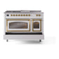 ILVE Nostalgie II 48-Inch Dual Fuel Range with 5 Sealed Burners + Griddle + French Top, 5.02 cu. ft. Oven, White with Brass Trim, Natural Gas, Triple Glass Door, UN48FSNMPWHG