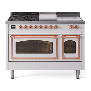 ILVE Nostalgie II 48-Inch Dual Fuel Range with 5 Sealed Burners + Griddle + French Top, 5.02 cu. ft. Oven, White with Copper Trim, Liquid Propane, Triple Glass Door, UN48FSNMPWHPLP