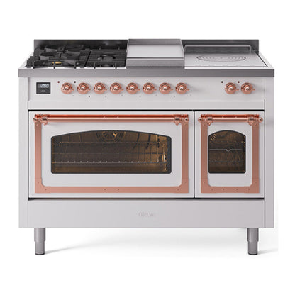ILVE Nostalgie II 48-Inch Dual Fuel Range with 5 Sealed Burners + Griddle + French Top, 5.02 cu. ft. Oven, White with Copper Trim, Natural Gas, Triple Glass Door, UN48FSNMPWHP