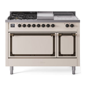 ILVE Nostalgie II 48-Inch Dual Fuel Range with 5 Sealed Burners + Griddle + French Top, 5.02 cu. ft. Oven, Antique White with Burnished Trim, Liquid Propane, Solid Door, UN48FSQNMPAWBLP