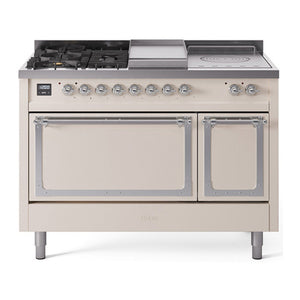 ILVE Nostalgie II 48-Inch Dual Fuel Range with 5 Sealed Burners + Griddle + French Top, 5.02 cu. ft. Oven, Antique White with Chrome Trim, Liquid Propane, Solid Door, UN48FSQNMPAWCLP