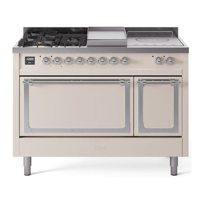 ILVE Nostalgie II 48-Inch Dual Fuel Range with 5 Sealed Burners + Griddle + French Top, 5.02 cu. ft. Oven, Antique White with Chrome Trim, Natural Gas, Solid Door, UN48FSQNMPAWC