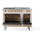 ILVE Nostalgie II 48-Inch Dual Fuel Range with 5 Sealed Burners + Griddle + French Top, 5.02 cu. ft. Oven, Antique White with Brass Trim, Liquid Propane, Solid Door, UN48FSQNMPAWGLP