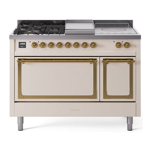 ILVE Nostalgie II 48-Inch Dual Fuel Range with 5 Sealed Burners + Griddle + French Top, 5.02 cu. ft. Oven, Antique White with Brass Trim, Natural Gas, Solid Door, UN48FSQNMPAWG