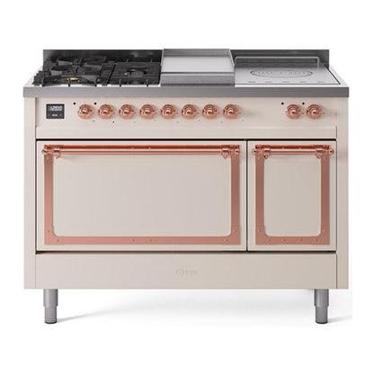 ILVE Nostalgie II 48-Inch Dual Fuel Range with 5 Sealed Burners + Griddle + French Top, 5.02 cu. ft. Oven, Antique White with Copper Trim, Liquid Propane, Solid Door, UN48FSQNMPAWPLP