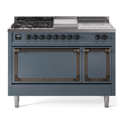 ILVE Nostalgie II 48-Inch Dual Fuel Range with 5 Sealed Burners + Griddle + French Top, 5.02 cu. ft. Oven, Blue Grey with Burnished Trim, Natural Gas, Solid Door, UN48FSQNMPBGB