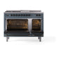 ILVE Nostalgie II 48-Inch Dual Fuel Range with 5 Sealed Burners + Griddle + French Top, 5.02 cu. ft. Oven, Blue Grey with Burnished Trim, Natural Gas, Solid Door, UN48FSQNMPBGB
