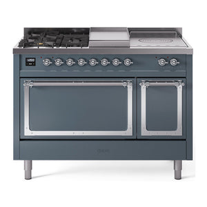 ILVE Nostalgie II 48-Inch Dual Fuel Range with 5 Sealed Burners + Griddle + French Top, 5.02 cu. ft. Oven, Blue Grey with Chrome Trim, Liquid Propane, Solid Door, UN48FSQNMPBGCLP