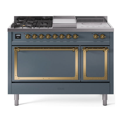 ILVE Nostalgie II 48-Inch Dual Fuel Range with 5 Sealed Burners + Griddle + French Top, 5.02 cu. ft. Oven, Blue Grey with Brass Trim, Natural Gas, Solid Door, UN48FSQNMPBGG
