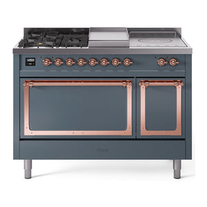ILVE Nostalgie II 48-Inch Dual Fuel Range with 5 Sealed Burners + Griddle + French Top, 5.02 cu. ft. Oven, Blue Grey with Copper Trim, Liquid Propane, Solid Door, UN48FSQNMPBGPLP