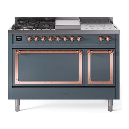 ILVE Nostalgie II 48-Inch Dual Fuel Range with 5 Sealed Burners + Griddle + French Top, 5.02 cu. ft. Oven, Blue Grey with Copper Trim, Liquid Propane, Solid Door, UN48FSQNMPBGPLP