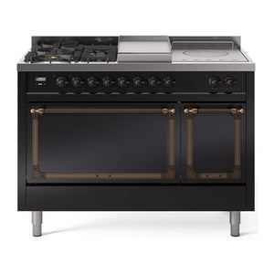 ILVE Nostalgie II 48-Inch Dual Fuel Range with 5 Sealed Burners + Griddle + French Top, 5.02 cu. ft. Oven, Glossy Black with Burnished Trim, Liquid Propane, Solid Door, UN48FSQNMPBKBLP