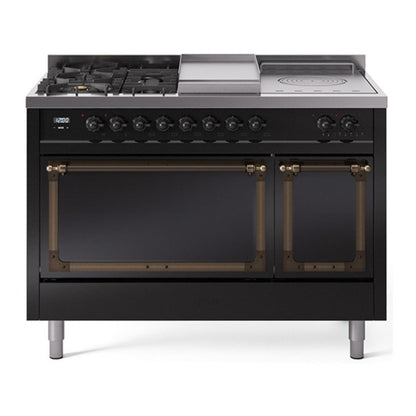 ILVE Nostalgie II 48-Inch Dual Fuel Range with 5 Sealed Burners + Griddle + French Top, 5.02 cu. ft. Oven, Glossy Black with Burnished Trim, Liquid Propane, Solid Door, UN48FSQNMPBKBLP