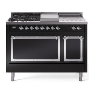 ILVE Nostalgie II 48-Inch Dual Fuel Range with 5 Sealed Burners + Griddle + French Top, 5.02 cu. ft. Oven, Glossy Black with Chrome Trim, Natural Gas, Solid Door, UN48FSQNMPBKC