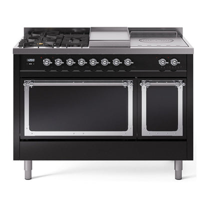 ILVE Nostalgie II 48-Inch Dual Fuel Range with 5 Sealed Burners + Griddle + French Top, 5.02 cu. ft. Oven, Glossy Black with Chrome Trim, Natural Gas, Solid Door, UN48FSQNMPBKC
