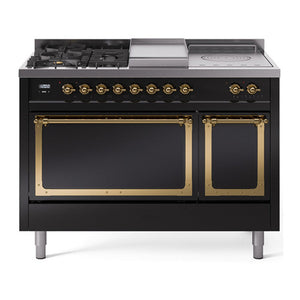 ILVE Nostalgie II 48-Inch Dual Fuel Range with 5 Sealed Burners + Griddle + French Top, 5.02 cu. ft. Oven, Glossy Black with Brass Trim, Natural Gas, Solid Door, UN48FSQNMPBKG