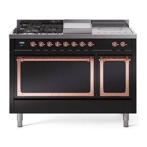 ILVE Nostalgie II 48-Inch Dual Fuel Range with 5 Sealed Burners + Griddle + French Top, 5.02 cu. ft. Oven, Glossy Black with Copper Trim, Liquid Propane, Solid Door, UN48FSQNMPBKPLP