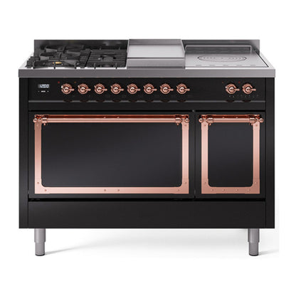 ILVE Nostalgie II 48-Inch Dual Fuel Range with 5 Sealed Burners + Griddle + French Top, 5.02 cu. ft. Oven, Glossy Black with Copper Trim, Liquid Propane, Solid Door, UN48FSQNMPBKPLP