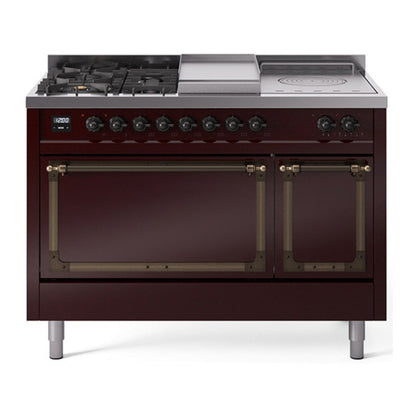 ILVE Nostalgie II 48-Inch Dual Fuel Range with 5 Sealed Burners + Griddle + French Top, 5.02 cu. ft. Oven, Burgundy with Burnished Trim, Natural Gas, Solid Door, UN48FSQNMPBUB