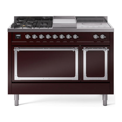 ILVE Nostalgie II 48-Inch Dual Fuel Range with 5 Sealed Burners + Griddle + French Top, 5.02 cu. ft. Oven, Burgundy with Chrome Trim, Natural Gas, Solid Door, UN48FSQNMPBUC