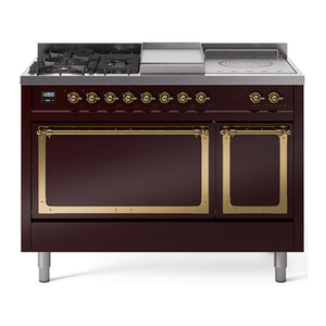 ILVE Nostalgie II 48-Inch Dual Fuel Range with 5 Sealed Burners + Griddle + French Top, 5.02 cu. ft. Oven, Burgundy with Brass Trim, Liquid Propane, Solid Door, UN48FSQNMPBUGLP