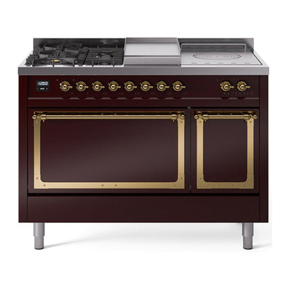 ILVE Nostalgie II 48-Inch Dual Fuel Range with 5 Sealed Burners + Griddle + French Top, 5.02 cu. ft. Oven, Burgundy with Brass Trim, Natural Gas, Solid Door, UN48FSQNMPBUG