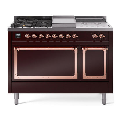 ILVE Nostalgie II 48-Inch Dual Fuel Range with 5 Sealed Burners + Griddle + French Top, 5.02 cu. ft. Oven, Burgundy with Copper Trim, Liquid Propane, Solid Door, UN48FSQNMPBUPLP
