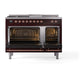 ILVE Nostalgie II 48-Inch Dual Fuel Range with 5 Sealed Burners + Griddle + French Top, 5.02 cu. ft. Oven, Burgundy with Copper Trim, Liquid Propane, Solid Door, UN48FSQNMPBUPLP