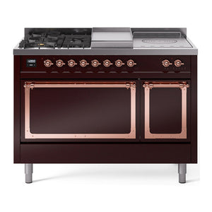 ILVE Nostalgie II 48-Inch Dual Fuel Range with 5 Sealed Burners + Griddle + French Top, 5.02 cu. ft. Oven, Burgundy with Copper Trim, Natural Gas, Solid Door, UN48FSQNMPBUP