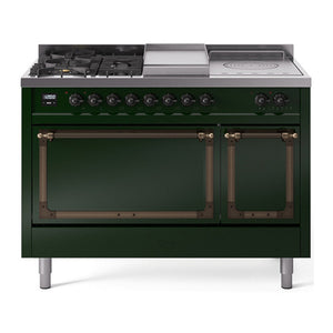 ILVE Nostalgie II 48-Inch Dual Fuel Range with 5 Sealed Burners + Griddle + French Top, 5.02 cu. ft. Oven, Emerald Green with Burnished Trim, Liquid Propane, Solid Door, UN48FSQNMPEGBLP