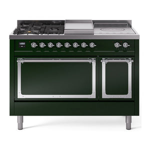 ILVE Nostalgie II 48-Inch Dual Fuel Range with 5 Sealed Burners + Griddle + French Top, 5.02 cu. ft. Oven, Emerald Green with Chrome Trim, Liquid Propane, Solid Door, UN48FSQNMPEGCLP