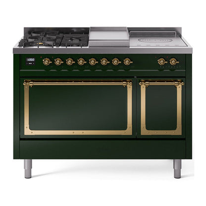 ILVE Nostalgie II 48-Inch Dual Fuel Range with 5 Sealed Burners + Griddle + French Top, 5.02 cu. ft. Oven, Emerald Green with Brass Trim, Liquid Propane, Solid Door, UN48FSQNMPEGGLP