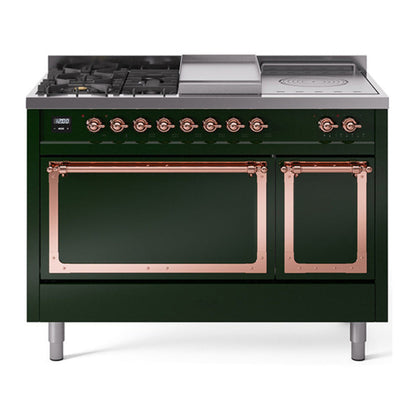 ILVE Nostalgie II 48-Inch Dual Fuel Range with 5 Sealed Burners + Griddle + French Top, 5.02 cu. ft. Oven, Emerald Green with Copper Trim, Liquid Propane, Solid Door, UN48FSQNMPEGPLP