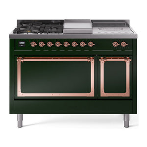 ILVE Nostalgie II 48-Inch Dual Fuel Range with 5 Sealed Burners + Griddle + French Top, 5.02 cu. ft. Oven, Emerald Green with Copper Trim, Natural Gas, Solid Door, UN48FSQNMPEGP