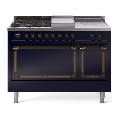 ILVE Nostalgie II 48-Inch Dual Fuel Range with 5 Sealed Burners + Griddle + French Top, 5.02 cu. ft. Oven, Midnight Blue with Burnished Trim, Liquid Propane, Solid Door, UN48FSQNMPMBBLP