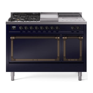 ILVE Nostalgie II 48-Inch Dual Fuel Range with 5 Sealed Burners + Griddle + French Top, 5.02 cu. ft. Oven, Midnight Blue with Burnished Trim, Natural Gas, Solid Door, UN48FSQNMPMBB