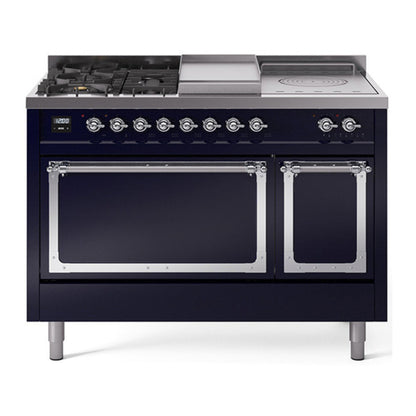 ILVE Nostalgie II 48-Inch Dual Fuel Range with 5 Sealed Burners + Griddle + French Top, 5.02 cu. ft. Oven, Midnight Blue with Chrome Trim, Natural Gas, Solid Door, UN48FSQNMPMBC
