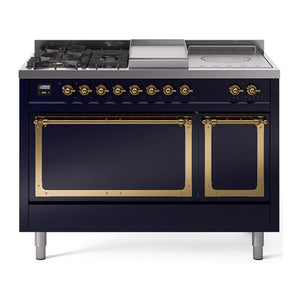 ILVE Nostalgie II 48-Inch Dual Fuel Range with 5 Sealed Burners + Griddle + French Top, 5.02 cu. ft. Oven, Midnight Blue with Brass Trim, Liquid Propane, Solid Door, UN48FSQNMPMBGLP