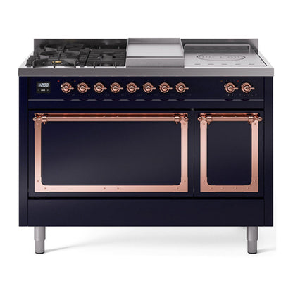 ILVE Nostalgie II 48-Inch Dual Fuel Range with 5 Sealed Burners + Griddle + French Top, 5.02 cu. ft. Oven, Midnight Blue with Copper Trim, Natural Gas, Solid Door, UN48FSQNMPMBP